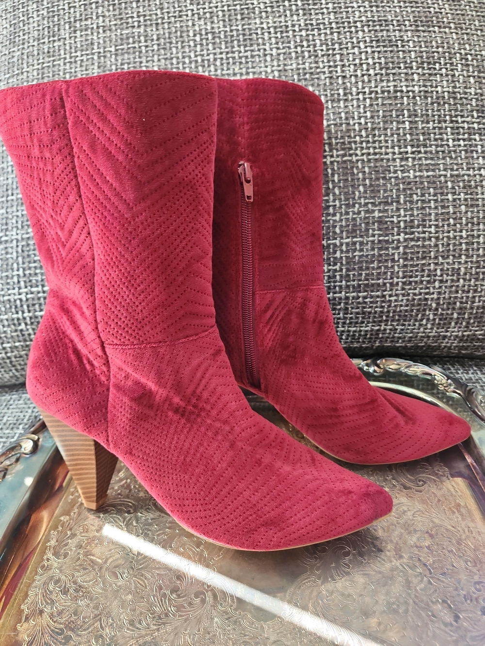 Women’s Red Suede Mid-Calf Heeled Boots